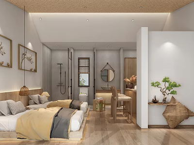 Cozy Hotel Guest Room With Comfortable Bed Decorative Paintings Wooden Flooring And Green Plant 3d model