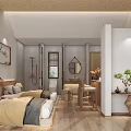 Cozy Hotel Guest Room With Comfortable Bed Decorative Paintings Wooden Flooring And Green Plant
