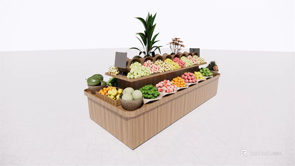 Retail Fruit Display Shelf With Assorted Fresh Fruits And Green Plant 3d model 