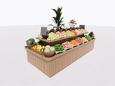 Retail Fruit Display Shelf With Assorted Fresh Fruits And Green Plant 3d model