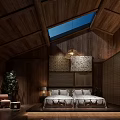 Wooden Corridor With Lantern Pendant Lights Wooden Structure And Misty Tree View Outside
