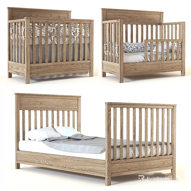 Natural Wooden Kids Bed With Safe Railing Design And Sturdy Frame Structure 3d model 