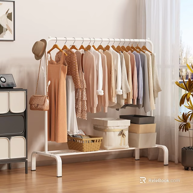 Neatly Arranged Colorful Clothes on White Rack with Storage Boxes Basket and Leather Handbag 3d model 