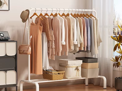 Neatly Arranged Colorful Clothes on White Rack with Storage Boxes Basket and Leather Handbag 3d model