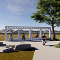 Outdoor Garden Decorative Structure with Tree People Sitting Rocks and Mountain View