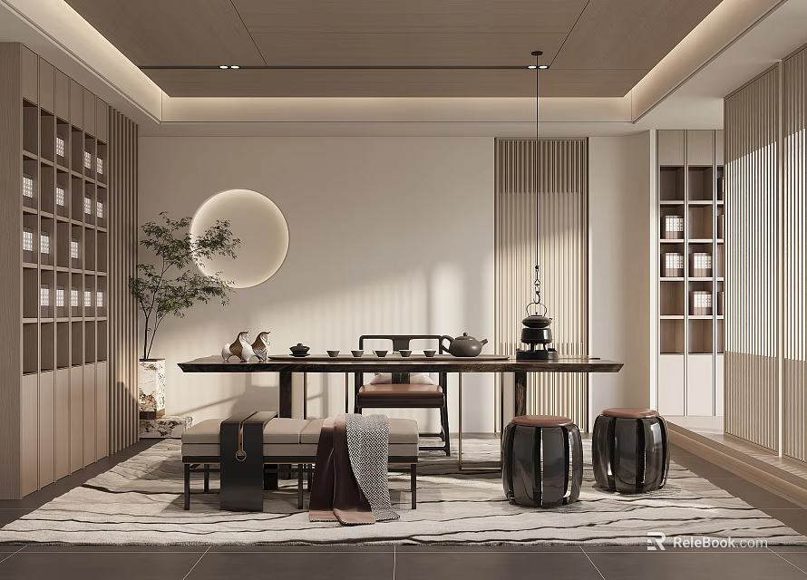 Elegant Modern Chinese Tea Room Interior With Wooden Tea Table Display Shelves And Round Mirror 3d model 