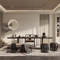 Elegant Modern Chinese Tea Room Interior With Wooden Tea Table Display Shelves And Round Mirror