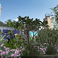 Beautiful Garden Landscape With Lush Green Plants Blooming Purple Flowers And Decorative Stone Pillars