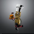 Cartoon Robot Chef Character Riding Small Motorcycle Holding Red Tray With Delicious Hamburger