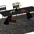 Modern Rectangular Dining Table Set With Grey Top And Green Woven Metal Chairs 3d model