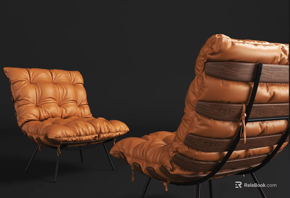 Brown Leather Leisure Chair With Quilted Stitching Wooden Backrest And Metal Frame Design 3d model 