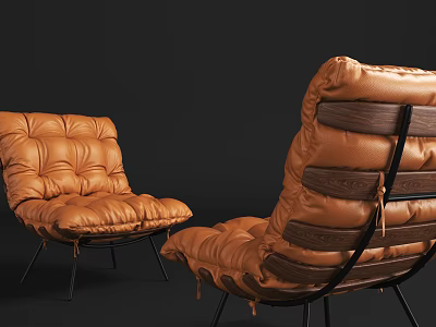 Brown Leather Leisure Chair With Quilted Stitching Wooden Backrest And Metal Frame Design 3d model