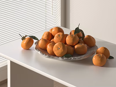Fresh Ripe Oranges on a Plate on White Table with Green Leaves Near Window Blinds 3d model