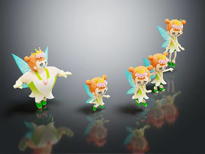 Multiple Orange Hair Fairies with Blue Wings Crowns and Green Shoes Arranged in a Line 3d model