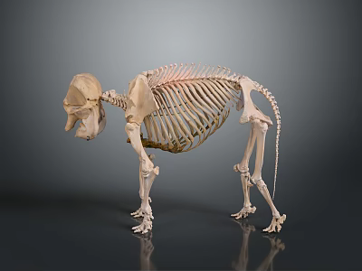 Animal Skeleton in Standing Posture with Detailed Bone Structure on Gray Background and Reflective Surface 3d model