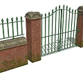 Green Metal Entrance Gate With Pointed Top And Stone Capped Red Brick Pillars