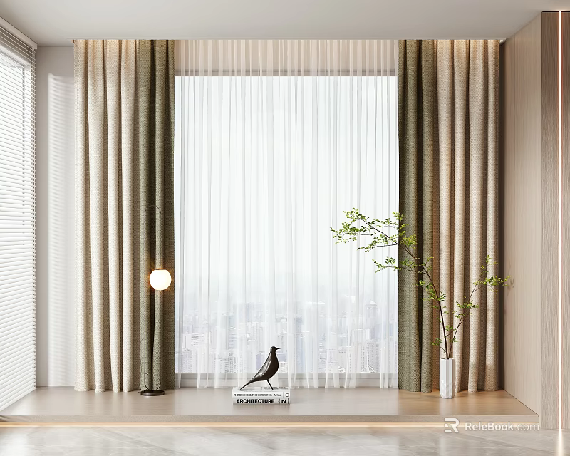 Double Layer Curtains in Modern Interior with City View Green Plant and Decorative Bird 3d model 