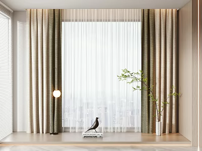 Double Layer Curtains in Modern Interior with City View Green Plant and Decorative Bird 3d model