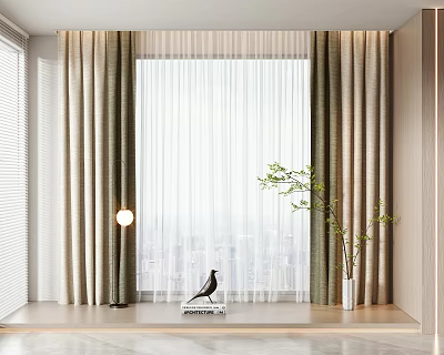 Double Layer Curtains in Modern Interior with City View Green Plant and Decorative Bird 3d model