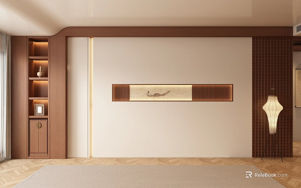Modern Sofa Background Wall Design With Wooden Accents Lighting Strip And Artwork 3d model 