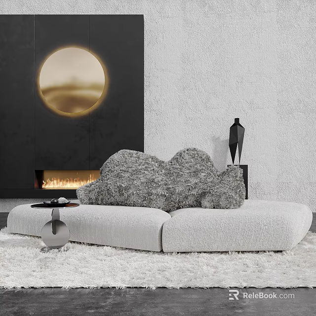 Modern Fluffy Sectional Sofa With Black Wall Round Painting And Fireplace 3d model 