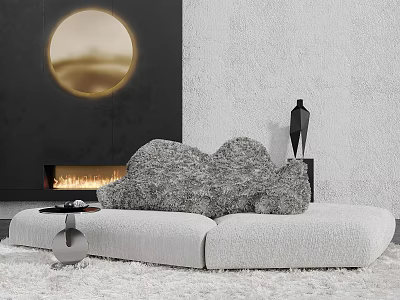 Modern Fluffy Sectional Sofa With Black Wall Round Painting And Fireplace 3d model