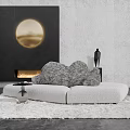Modern Fluffy Sectional Sofa With Black Wall Round Painting And Fireplace