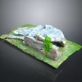 Realistic 3D Model Of Gray Rocks With Green Moss On Green Grass