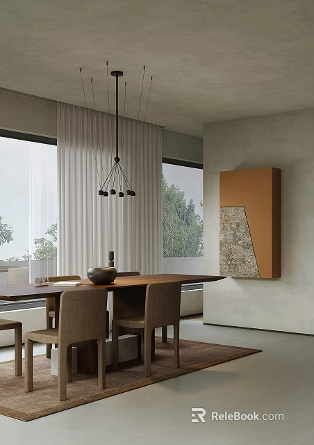 Modern Restaurant Interior With Wooden Table Beige Chairs Pendant Light White Curtains And Wall Artwork 3d model 
