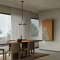 Modern Restaurant Interior With Wooden Table Beige Chairs Pendant Light White Curtains And Wall Artwork
