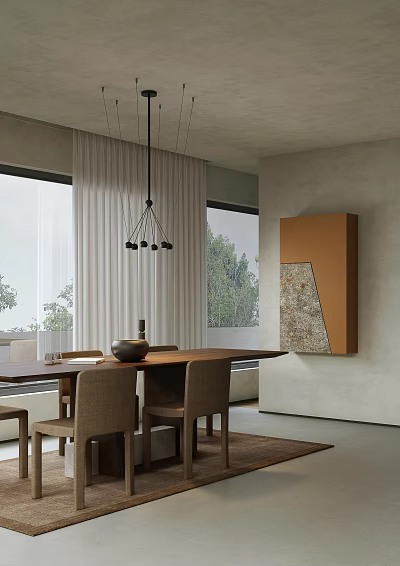 Modern Restaurant Interior With Wooden Table Beige Chairs Pendant Light White Curtains And Wall Artwork 3d model