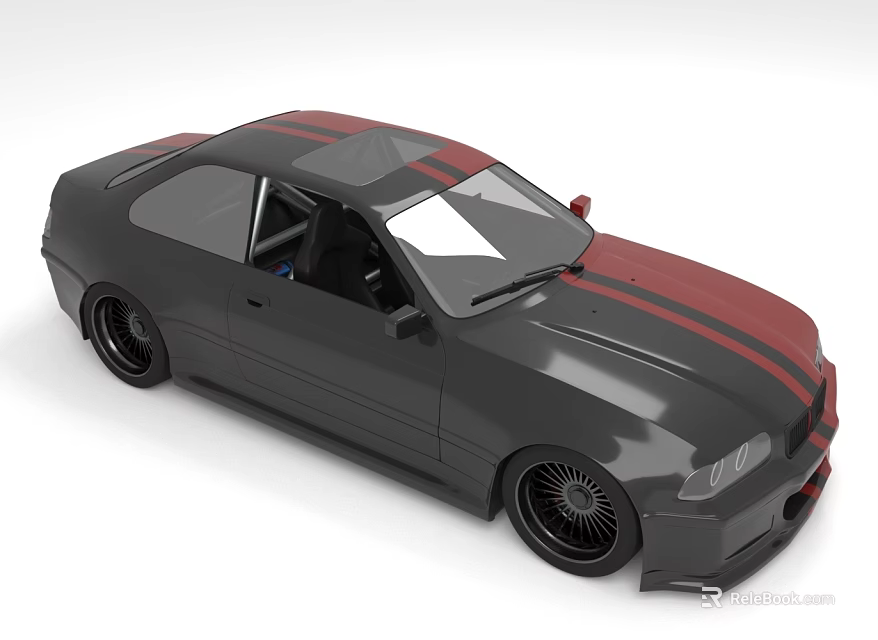 Gray Modified Two Door Car With Red Stripes And Sporty Style 3d model 