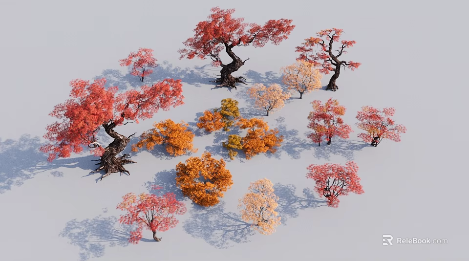 Vibrant Red Orange Yellow Pink Trees with Various Trunk Shapes on Light Background 3d model 