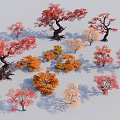 Vibrant Red Orange Yellow Pink Trees with Various Trunk Shapes on Light Background