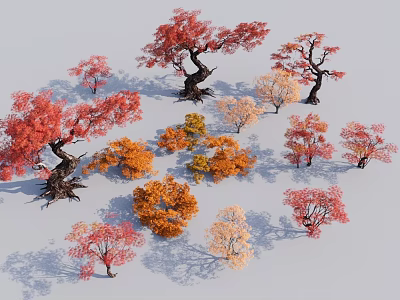 Vibrant Red Orange Yellow Pink Trees with Various Trunk Shapes on Light Background 3d model