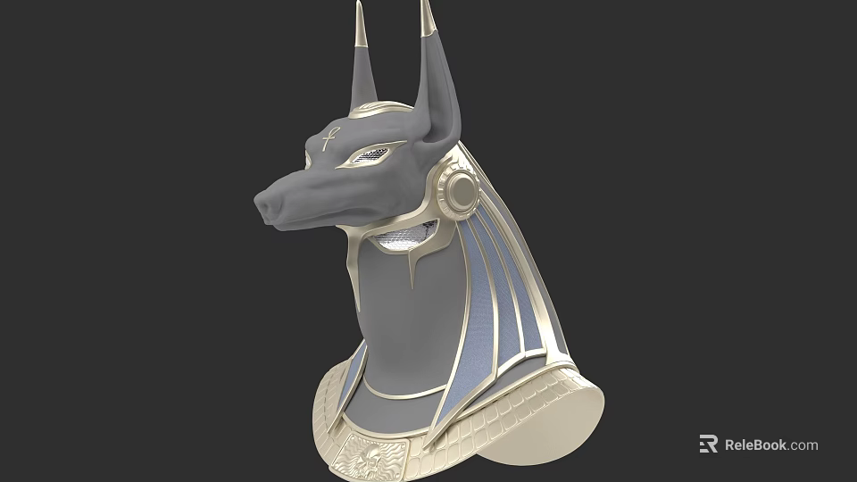 Ancient Egyptian Anubis Head Sculpture Carving With Gold Accents And Striped Patterns 3d model 