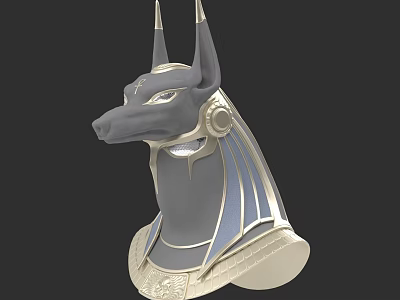 Ancient Egyptian Anubis Head Sculpture Carving With Gold Accents And Striped Patterns 3d model