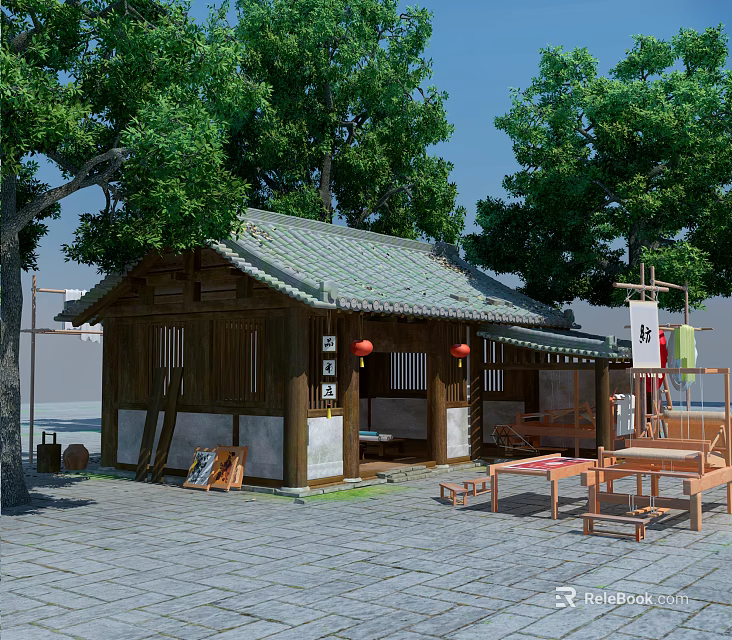 Traditional Ancient Architecture With Wooden Structure Green Tiled Roof And Courtyard Furniture 3d model 