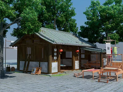 Traditional Ancient Architecture With Wooden Structure Green Tiled Roof And Courtyard Furniture 3d model