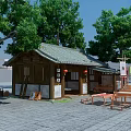 Traditional Ancient Architecture With Wooden Structure Green Tiled Roof And Courtyard Furniture