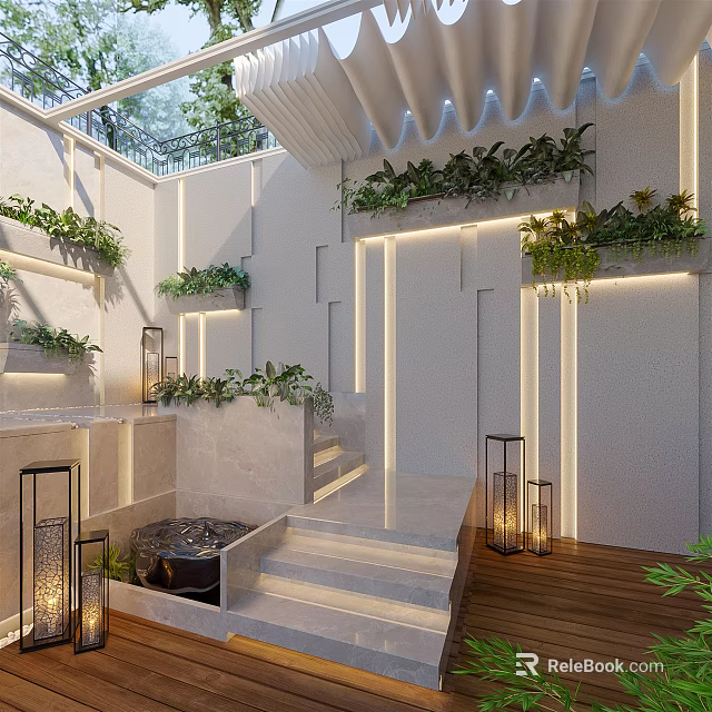 Modern Courtyard Garden Design With White Walls Vertical Greenery Wooden Flooring Steps And Soft Lighting 3d model 
