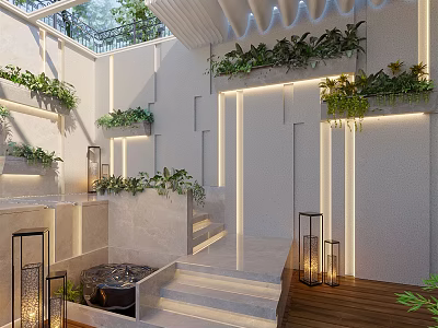Modern Courtyard Garden Design With White Walls Vertical Greenery Wooden Flooring Steps And Soft Lighting 3d model