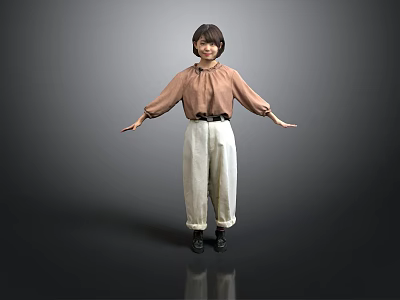 Woman in Brown Top and Beige Pants with Arms Outstretched on Gray Background 3d model