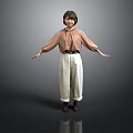 Woman in Brown Top and Beige Pants with Arms Outstretched on Gray Background