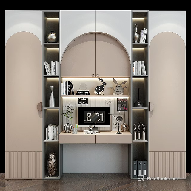 Modern Wardrobe Design With Built in Bookshelves Decorative Items And Soft Lighting 3d model 