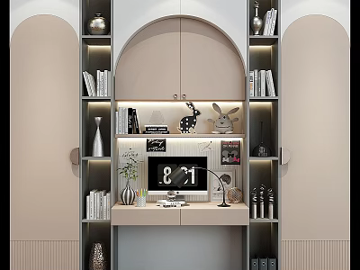 Modern Wardrobe Design With Built in Bookshelves Decorative Items And Soft Lighting 3d model