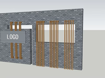 Contemporary Feature Wall With Gray Brick And Wooden Vertical Slats Logo Panel 3d model