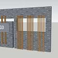Contemporary Feature Wall With Gray Brick And Wooden Vertical Slats Logo Panel