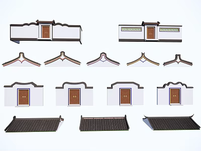 Traditional Chinese Architectural Components Featuring Wooden Doors Curved Eaves And Roof Styles 3d model