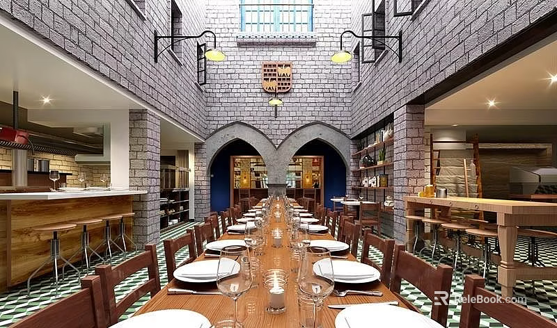 Traditional Restaurant Interior With Long Wooden Dining Table Arched Structure Gray Brick Walls And Pendant Lights 3d model 